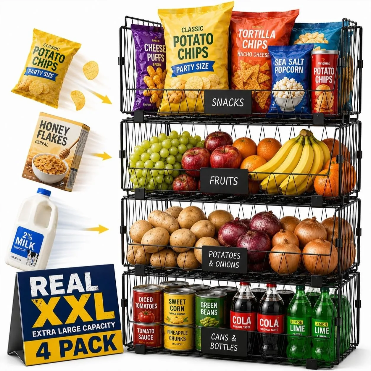 4 Packs XXL Kitchen Pantry Baskets, Stackable Wire Storage for Vegetables, Cans, Snacks, and Chips
4 Packs XXL Kitchen Pantry Baskets, Stackable Wire Storage for Vegetables, Cans, Snacks, and Chips