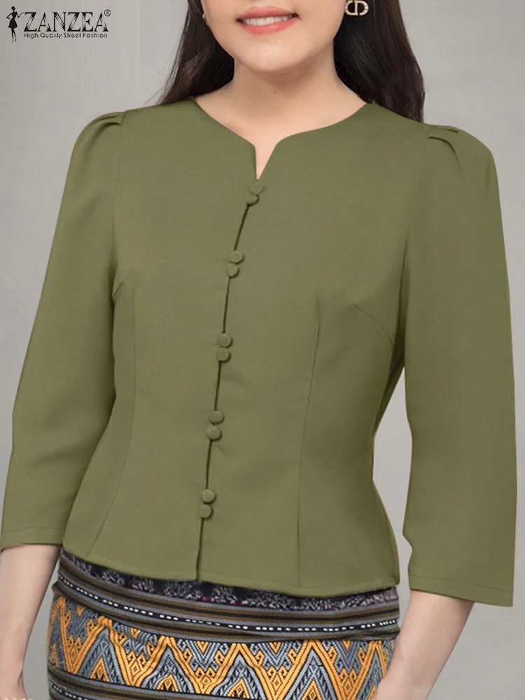 ZANZEA Women Elegant Short Shirts V-Neck 3/4 Sleeve Button Up Solid Blouses 2025 Summer Casual Day Wear Commute Chemise Femme 
ZANZEA Women Elegant Short Shirts V-Neck 3/4 Sleeve Button Up Solid Blouses 2025 Summer Casual Day Wear Commute Chemise Femme