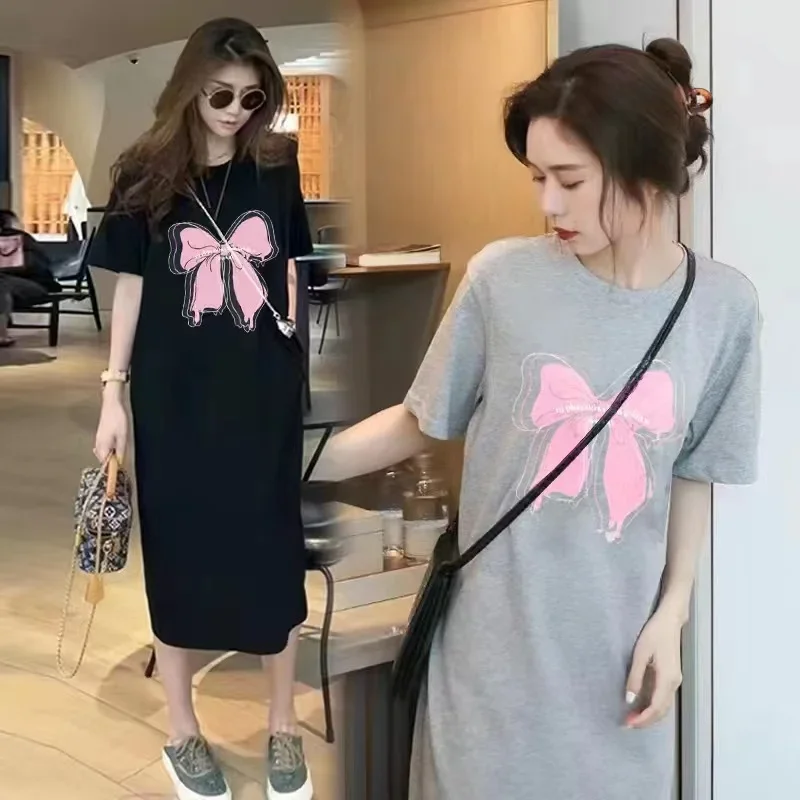 Summer Simple Casual Oversize Short Sleeve Dress Women Korean Sweet Style Bow Print Loose Round Neck MIDI Dress
Summer Simple Casual Oversize Short Sleeve Dress Women Korean Sweet Style Bow Print Loose Round Neck MIDI Dress
