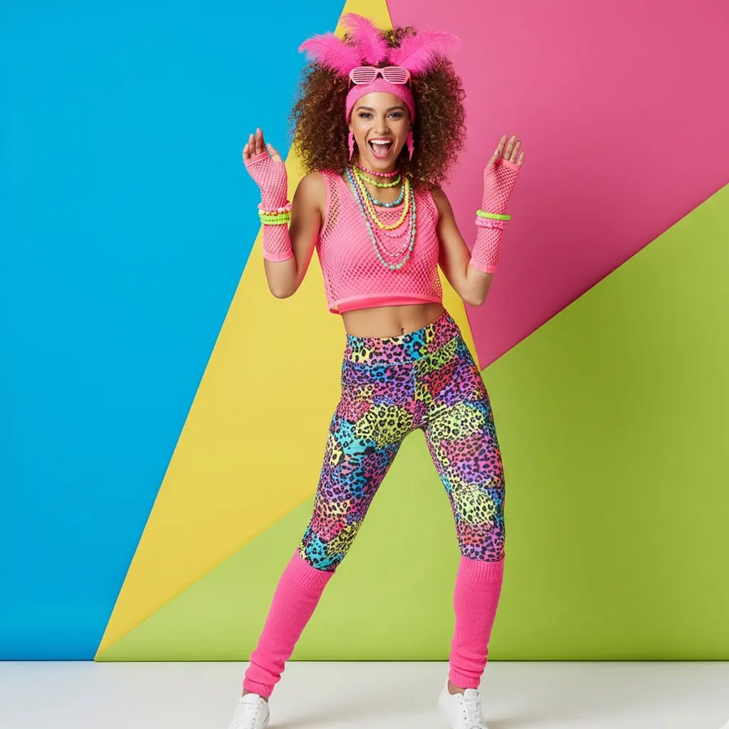 Винтажный комплект для йоги и фитнеса в стиле 80-х: спортивная сетчатая футболка и леггинсы для Хэллоуина
Винтажный комплект для йоги и фитнеса в стиле 80-х: спортивная сетчатая футболка и леггинсы для Хэллоуина