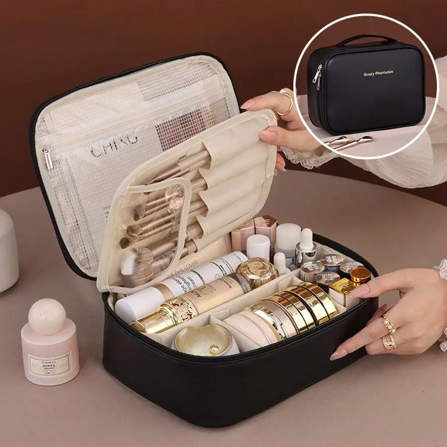 Large Triple Compartment Travel Cosmetic Bag, Makeup Case, Travel Accessories, Brushes, Conditioner And Skin Care Product Organizer
Large Triple Compartment Travel Cosmetic Bag, Makeup Case, Travel Accessories, Brushes, Conditioner And Skin Care Product Organizer