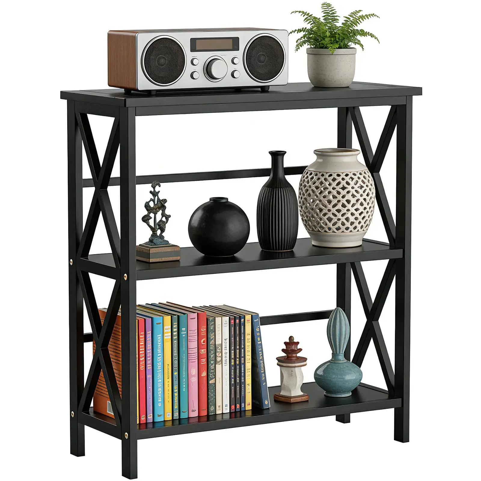 3-Tier Bookshelf With X-Design Frame, Sturdy Wood Construction, Black Finish For Home Office Living Room
3-Tier Bookshelf With X-Design Frame, Sturdy Wood Construction, Black Finish For Home Office Living Room