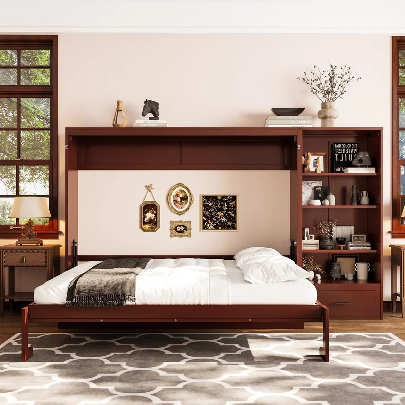 Walnut Wall Bed with Adjustable Storage, Foldable Platform, Drawer, and Shelf – Queen Size Murphy Bed for Bedroom or Guest Room
Walnut Wall Bed with Adjustable Storage, Foldable Platform, Drawer, and Shelf – Queen Size Murphy Bed for Bedroom or Guest Room
