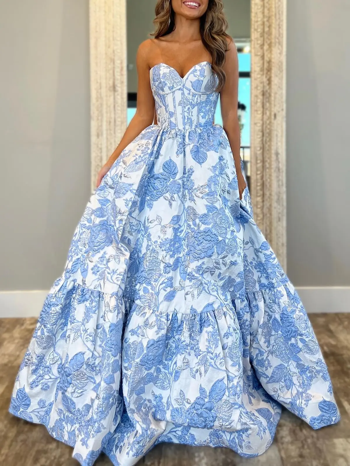 Customized Sweet Satin Floral Jacquard Prom Dress For Women Strapless Corset Long Formal Evening Gowns A Line Bridesmaid Dresses
Customized Sweet Satin Floral Jacquard Prom Dress For Women Strapless Corset Long Formal Evening Gowns A Line Bridesmaid Dresses