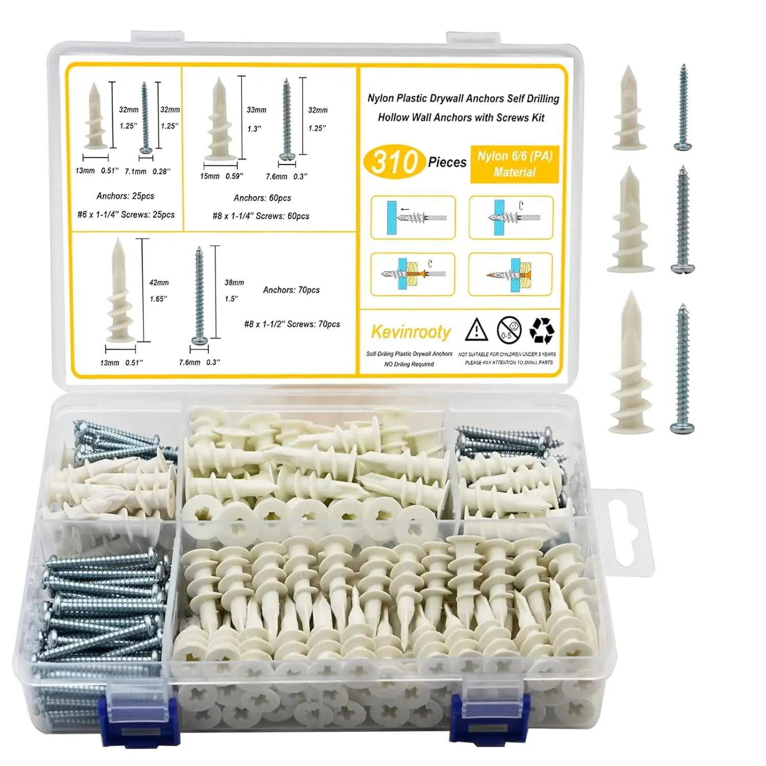 310PCS Self-Drilling Drywall Anchors Set, 3 Sizes, No Pre-Drilling Needed, Nylon & Zinc Steel
310PCS Self-Drilling Drywall Anchors Set, 3 Sizes, No Pre-Drilling Needed, Nylon & Zinc Steel