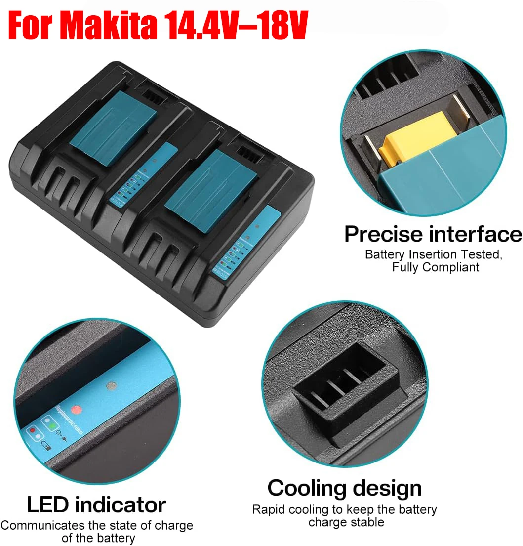Dual-port Battery Charger Fast Charging Compatible with For Makita 14.4V–18V Lithium Batteries Portable Lithium Battery Charger
Dual-port Battery Charger Fast Charging Compatible with For Makita 14.4V–18V Lithium Batteries Portable Lithium Battery Charger
