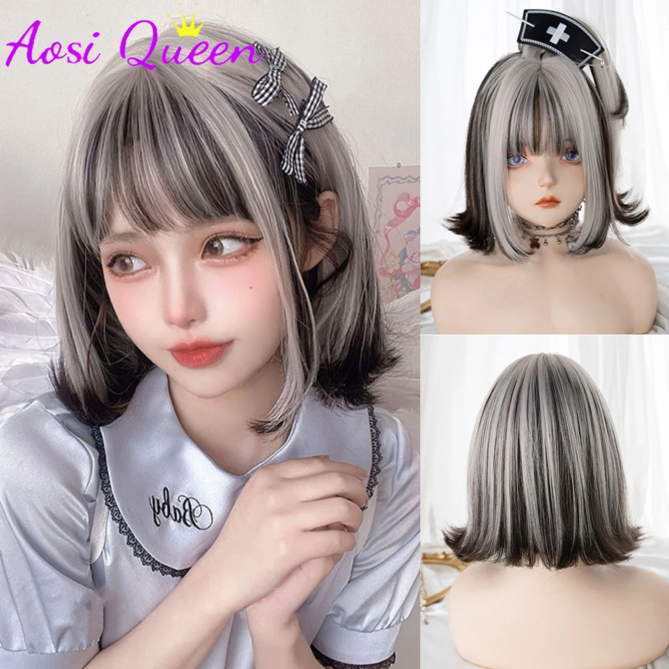AS Short Straight Silver Highlights Black Bob Wig for Women Daily High Density Synthetic Layered Brown Hair Wigs with Neat Bangs
AS Short Straight Silver Highlights Black Bob Wig for Women Daily High Density Synthetic Layered Brown Hair Wigs with Neat Bangs