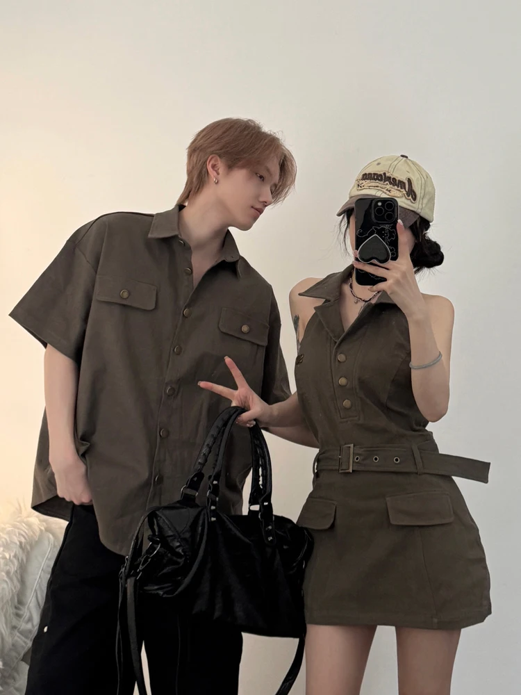 Unique Couple Outfit Short Sleeve Men's Workwear Style Shirt Women's Neck Hanging Waist Slimming Pure Desire Short Dress
Unique Couple Outfit Short Sleeve Men's Workwear Style Shirt Women's Neck Hanging Waist Slimming Pure Desire Short Dress