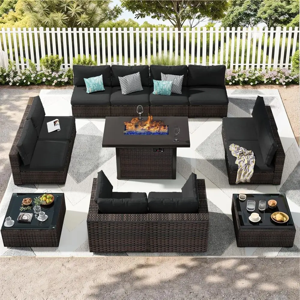 13-Piece Outdoor Sectional Patio Furniture Set with 42in Propane Fire Pit Table in Black PE Wicker Rattan
13-Piece Outdoor Sectional Patio Furniture Set with 42in Propane Fire Pit Table in Black PE Wicker Rattan