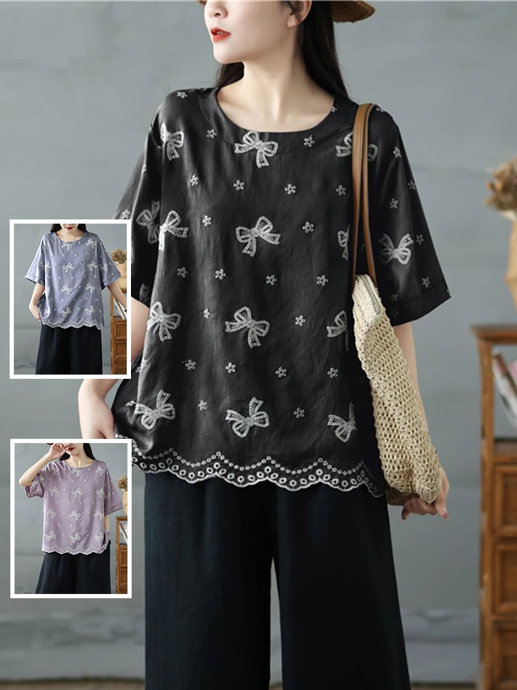 Футболка из хлопка и льна в стиле ретро, женская повседневная летняя футболка с вышивкой большого размера с модным узлом
Футболка из хлопка и льна в стиле ретро, женская повседневная летняя футболка с вышивкой большого размера с модным узлом