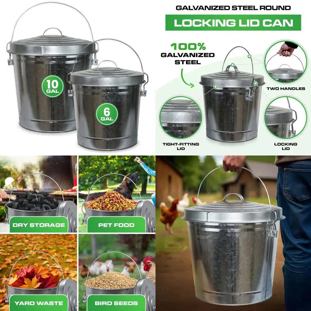 6 Gallon & 10 Gallon Outdoor Metal Trash Cans with Locking Lids - Galvanized for Poultry Feed, Bird Seed Storage, and Garbage Di
6 Gallon & 10 Gallon Outdoor Metal Trash Cans with Locking Lids - Galvanized for Poultry Feed, Bird Seed Storage, and Garbage Di