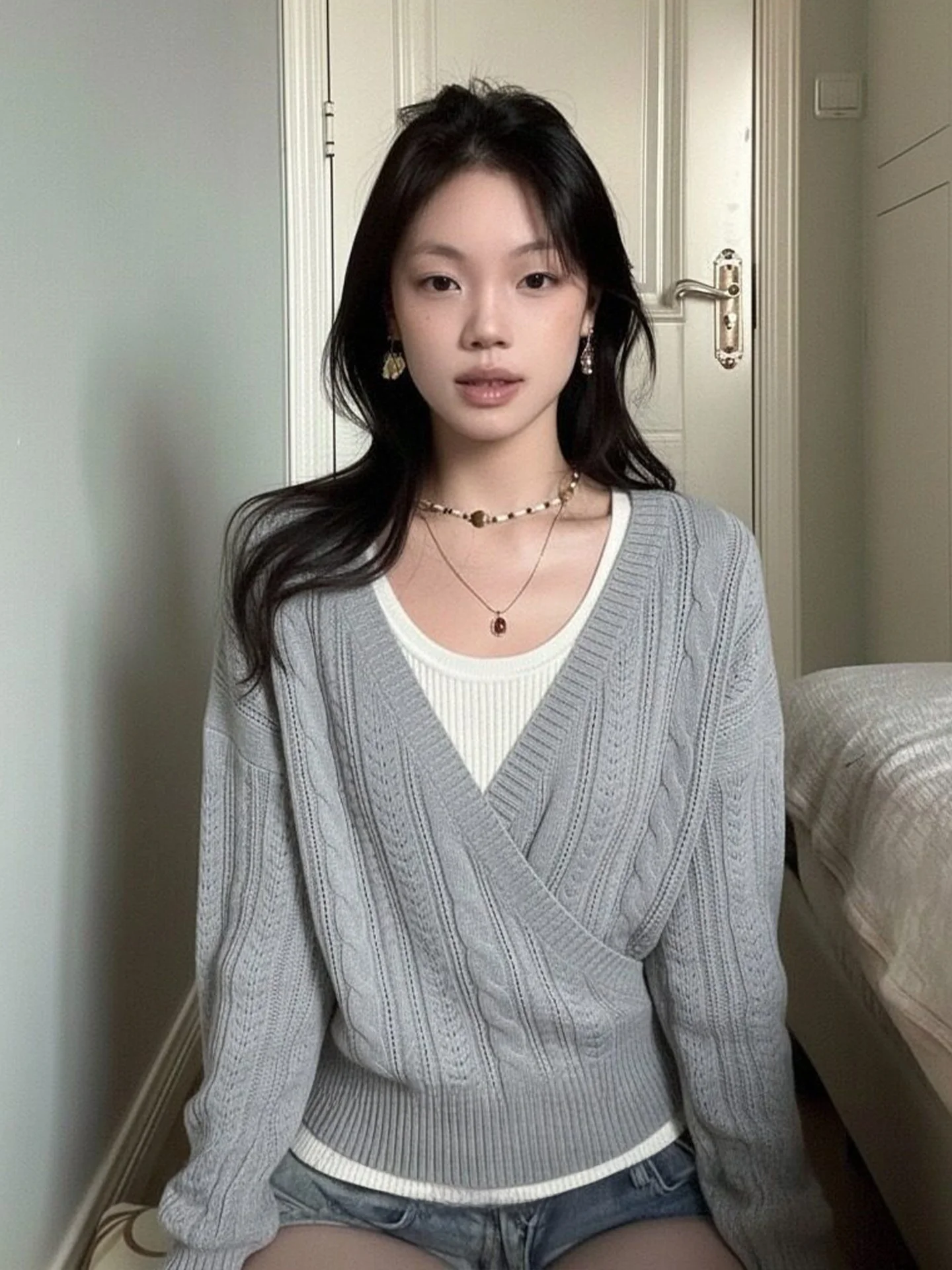 Ретро-американский вязаный свитер с V-образным вырезом для женщин, универсальный комплект из двух предметов: свитер и пальто с длинными рукавами для ранней весны, для повседневной носки.
Ретро-американский вязаный свитер с V-образным вырезом для женщин, универсальный комплект из двух предметов: свитер и пальто с длинными рукавами для ранней весны, для повседневной носки.