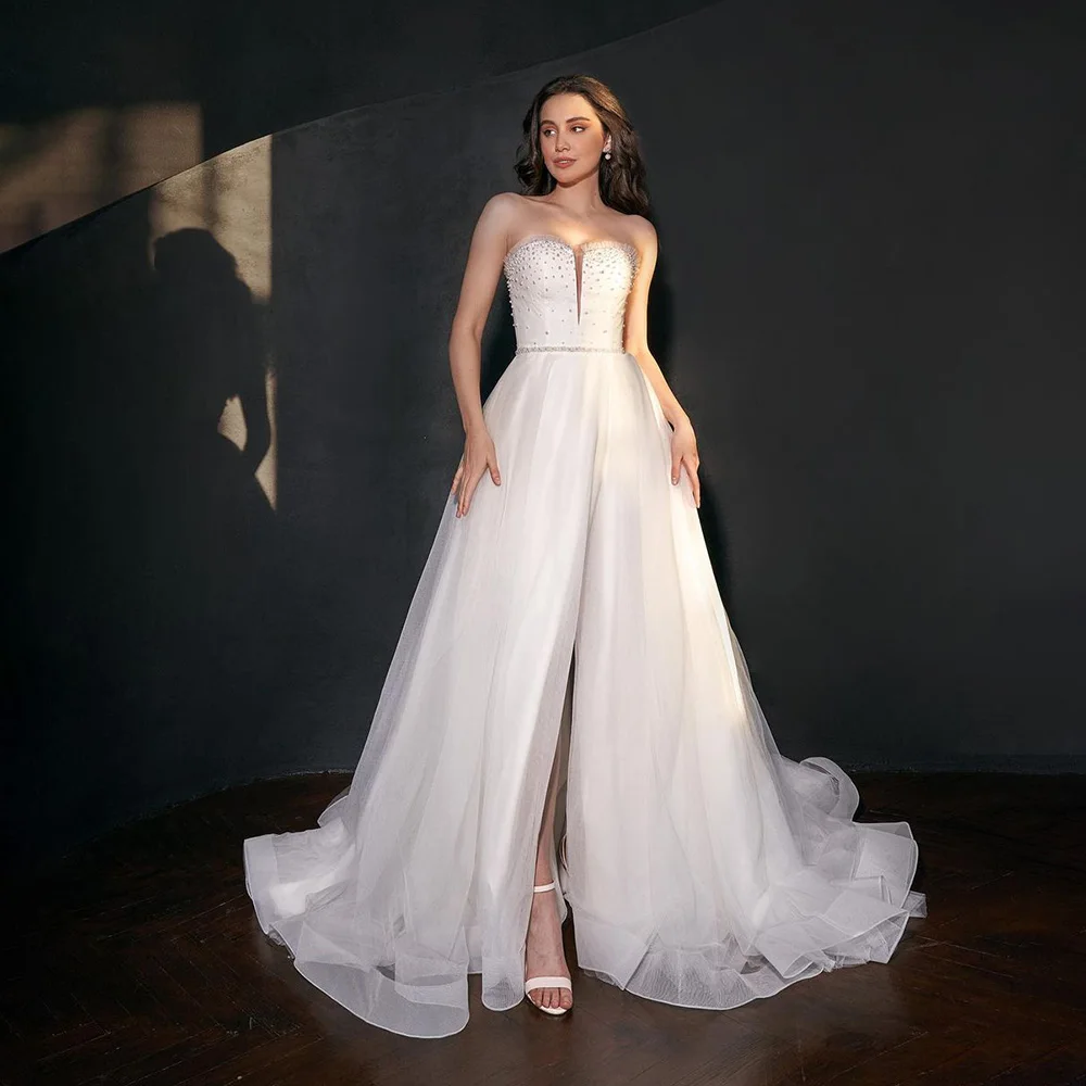 Strapless Beaded Shiny Tulle Wedding Dress for Women Side Slit A-line Court Backless Wedding Party Gowns vestidos de novia
Strapless Beaded Shiny Tulle Wedding Dress for Women Side Slit A-line Court Backless Wedding Party Gowns vestidos de novia