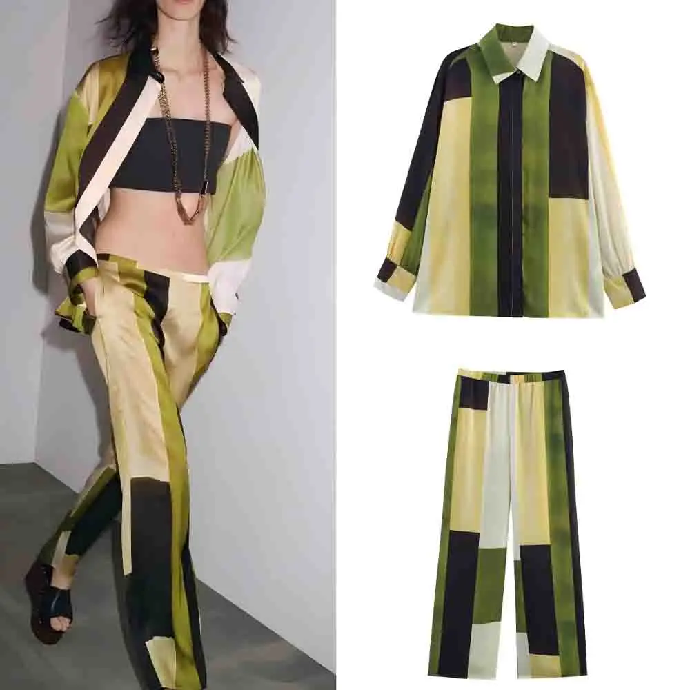 Women's new fashion loose satin texture printed shirt long sleeved button up women's shirt chic top+Pants suit
Women's new fashion loose satin texture printed shirt long sleeved button up women's shirt chic top+Pants suit