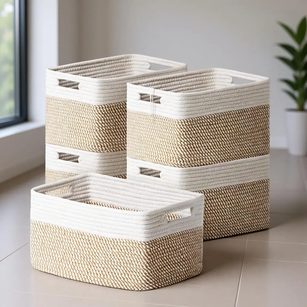 Набор из 5 плетеных корзин для хранения, цвета хаки и белый, для организации дома: игрушек, книг, одежды, детской комнаты и ванной.
Набор из 5 плетеных корзин для хранения, цвета хаки и белый, для организации дома: игрушек, книг, одежды, детской комнаты и ванной.