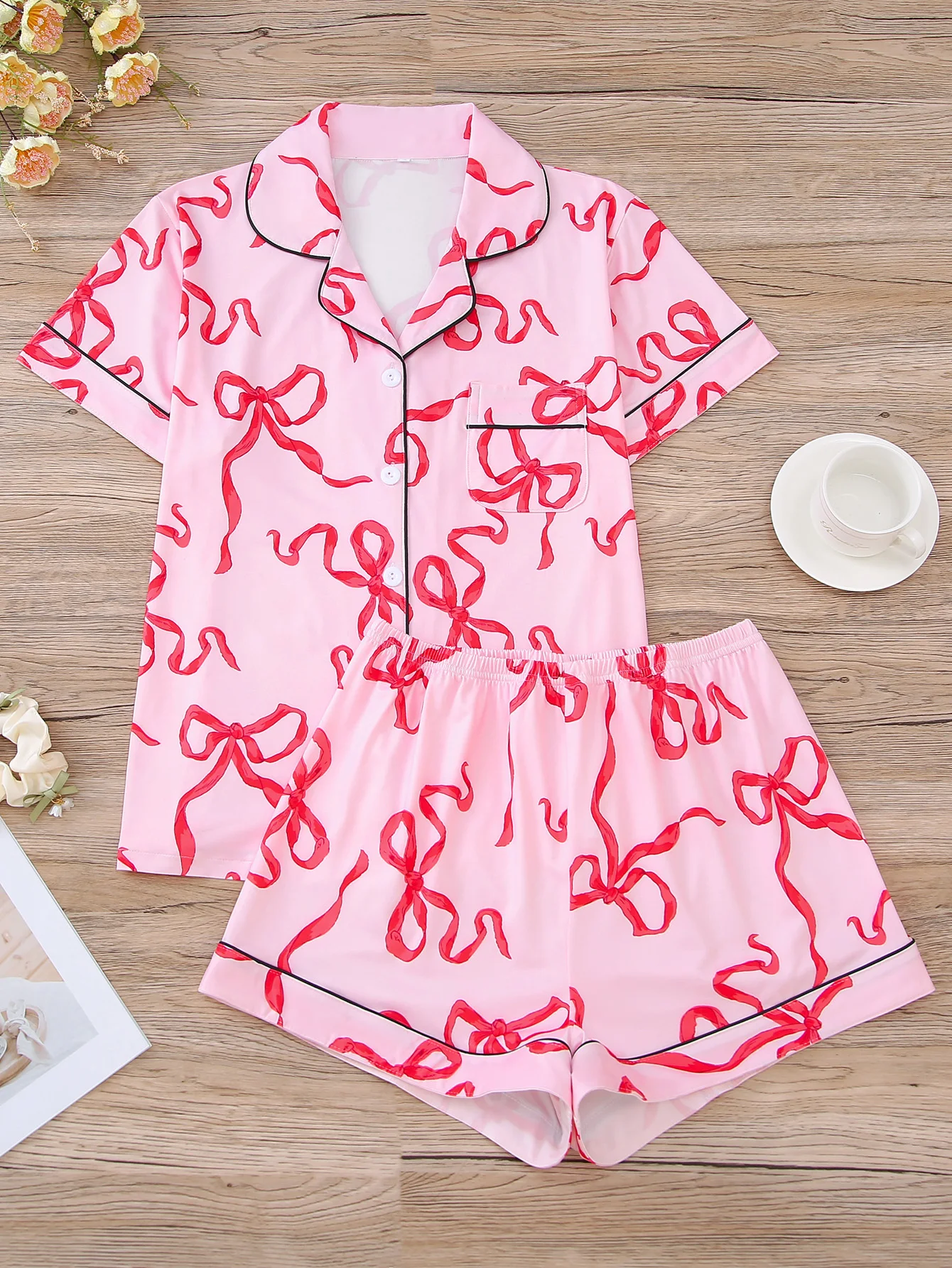 Women 2-Piece Ribbon Bow Fun Pajama Set Short Sleeve Btn Shirt Soft Stretch Shorts Stylish Party Loungewear Comfy Sleepwear
Women 2-Piece Ribbon Bow Fun Pajama Set Short Sleeve Btn Shirt Soft Stretch Shorts Stylish Party Loungewear Comfy Sleepwear