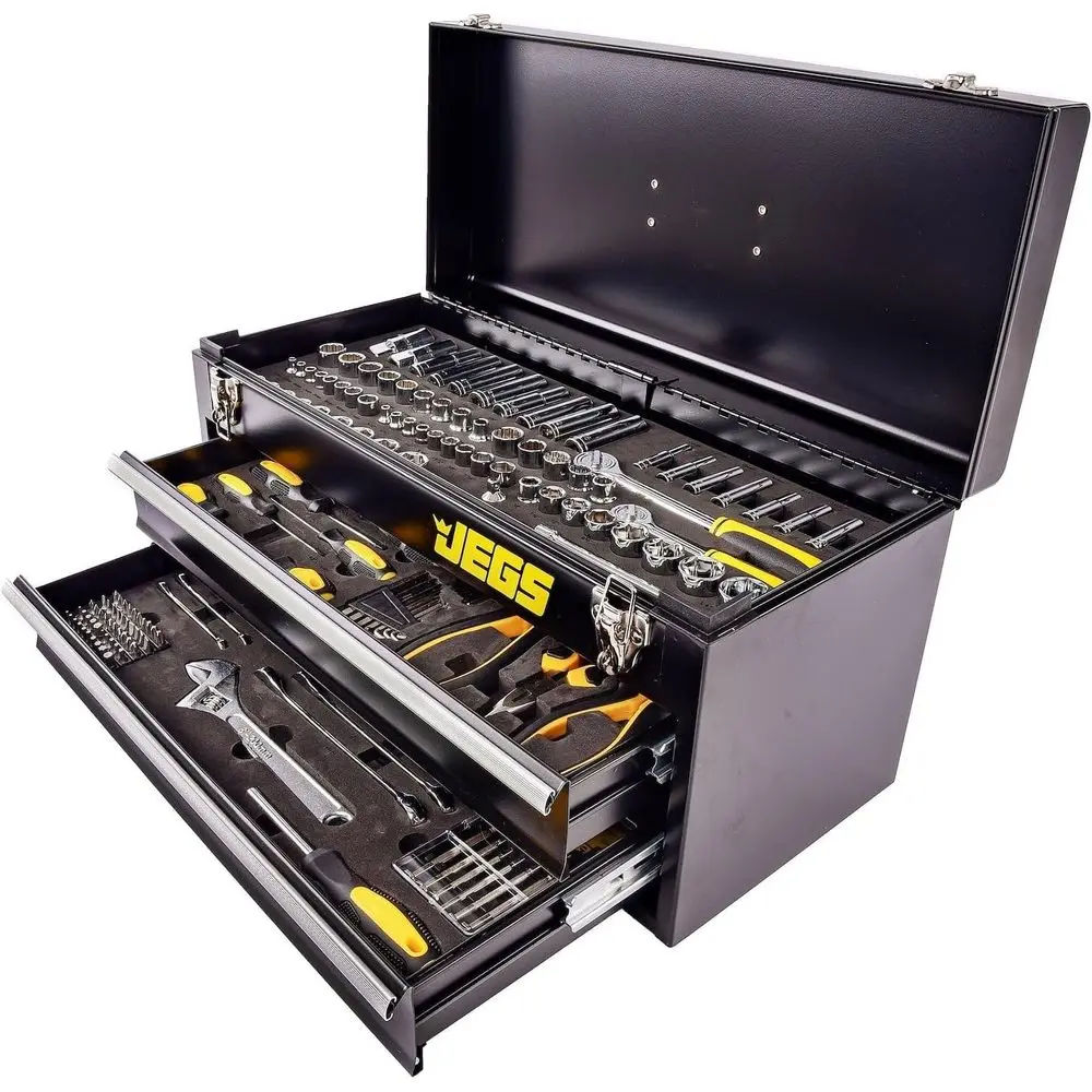 Complete 170-Piece Tool Kit: Black Steel Toolbox with Assorted Sockets, Ratchets, Wrenches, Screwdrivers, Pliers, and Bits
Complete 170-Piece Tool Kit: Black Steel Toolbox with Assorted Sockets, Ratchets, Wrenches, Screwdrivers, Pliers, and Bits