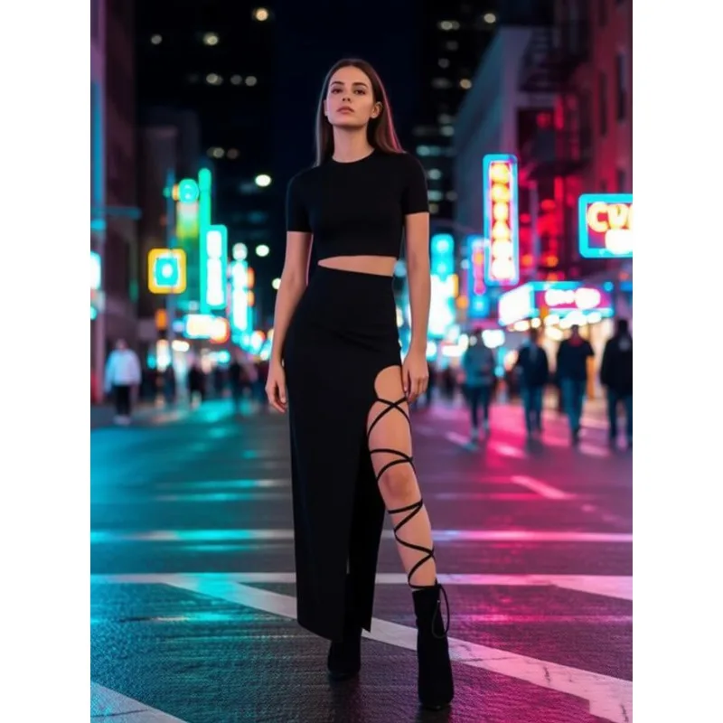 Black Bodycon Matching Set Ladies Short Sleeve Crop Top High Cut Maxi Skirt Leg Cross Lace Up Straps Nightclub Party Two Piece
Black Bodycon Matching Set Ladies Short Sleeve Crop Top High Cut Maxi Skirt Leg Cross Lace Up Straps Nightclub Party Two Piece