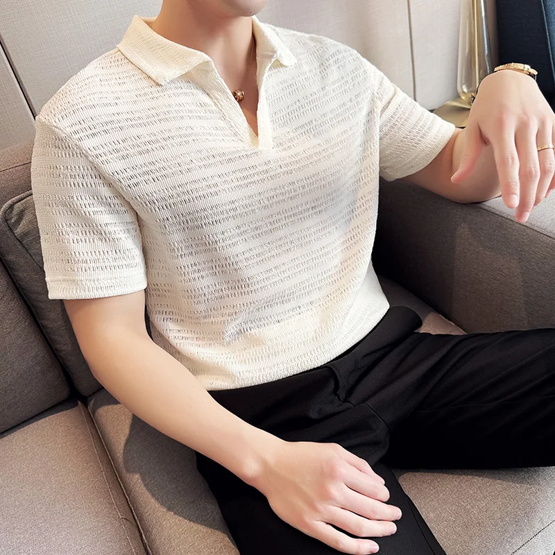 Summer Hollow Knitted Short Sleeved T Shirt for Men Casual V-Neck Solid Color Breathable Male T-Shirts Plus Size Luxury Clothing
Summer Hollow Knitted Short Sleeved T Shirt for Men Casual V-Neck Solid Color Breathable Male T-Shirts Plus Size Luxury Clothing