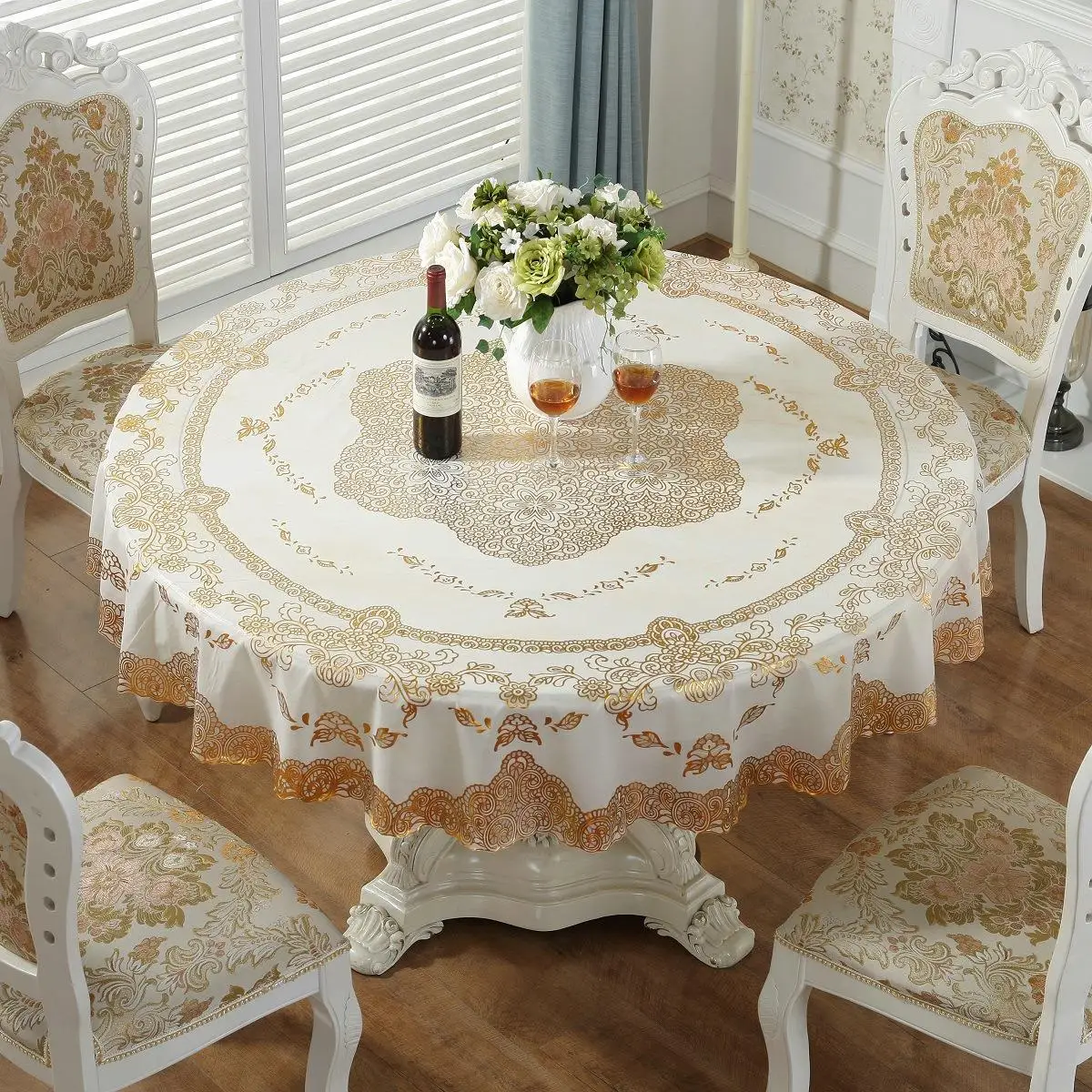European Style PVC Tablecloth Gold Embossed Waterproof Oil Resistant Pure White round Tablecloth for Home And Restaurant
European Style PVC Tablecloth Gold Embossed Waterproof Oil Resistant Pure White round Tablecloth for Home And Restaurant