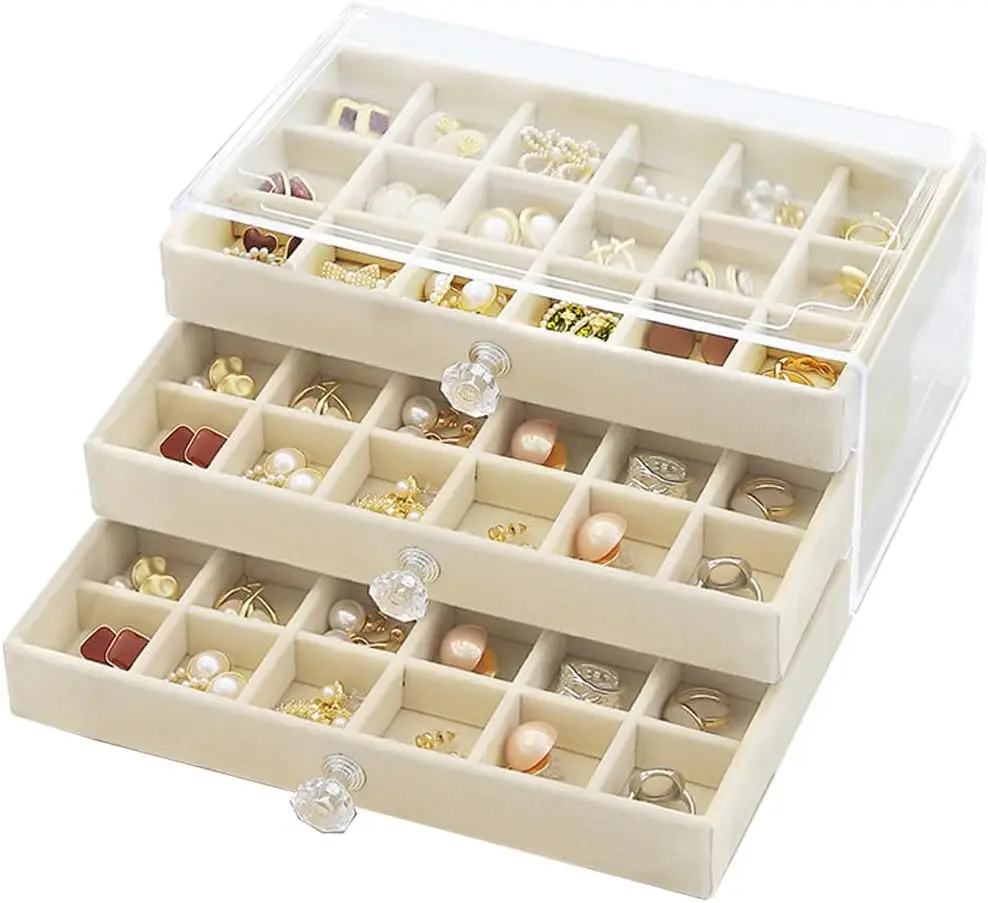 Clear Velvet Jewelry Organizer Case, 3 Drawer Earring Box Holder for Studs and Rings
Clear Velvet Jewelry Organizer Case, 3 Drawer Earring Box Holder for Studs and Rings