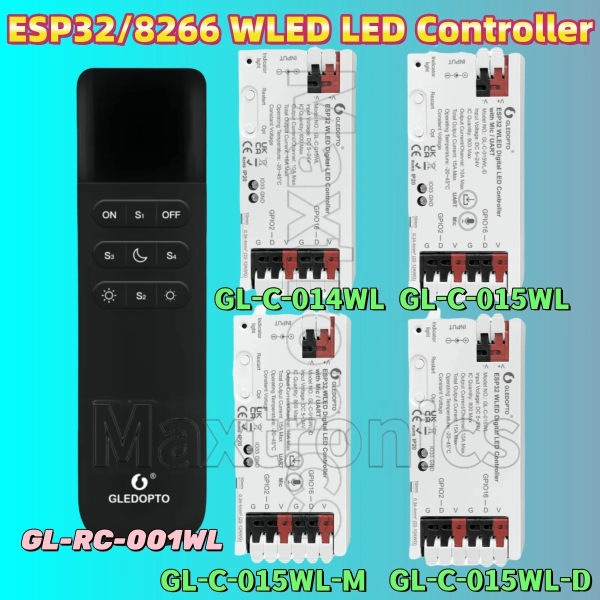 GL-C-015WL/ GL-C-015WL-M ESP32/8266 WLED LED Controller GL-RC-001/GL-C-014WL WiFi WS2811/2812 SK6812 TM1814 WS2813/2815 LEDStrip
GL-C-015WL/ GL-C-015WL-M ESP32/8266 WLED LED Controller GL-RC-001/GL-C-014WL WiFi WS2811/2812 SK6812 TM1814 WS2813/2815 LEDStrip