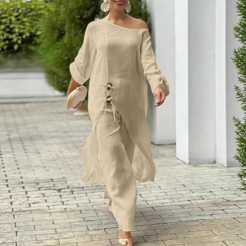 Sexy Skew Collar Top Pullover & Pant Sets Women Loose Irregular Robes OutfitsSpring Summer Casual Solid Vacation Two Piece Suit
Sexy Skew Collar Top Pullover & Pant Sets Women Loose Irregular Robes OutfitsSpring Summer Casual Solid Vacation Two Piece Suit