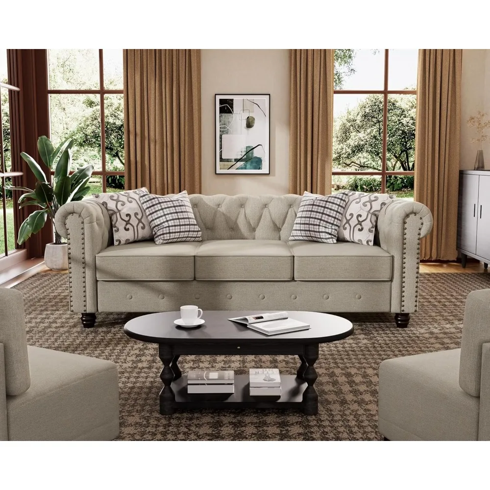 Classic Chesterfield Sofa Set 82 Inch, Tufted Sofa Set, Solid Wood Legs, Thick Cushions, Pet Friendly 3 Seater Sofa, Linen Beige
Classic Chesterfield Sofa Set 82 Inch, Tufted Sofa Set, Solid Wood Legs, Thick Cushions, Pet Friendly 3 Seater Sofa, Linen Beige