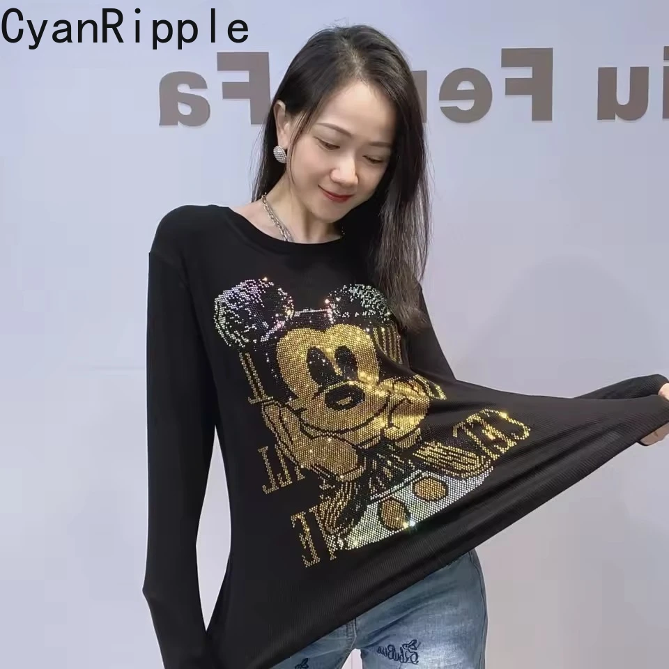 Trendy New Spring Autumn Long Sleeve Women T-shirt Black Mickey Hot Diamonds Slimming Cotton Tops High Stretch Bottoming Tees
Trendy New Spring Autumn Long Sleeve Women T-shirt Black Mickey Hot Diamonds Slimming Cotton Tops High Stretch Bottoming Tees