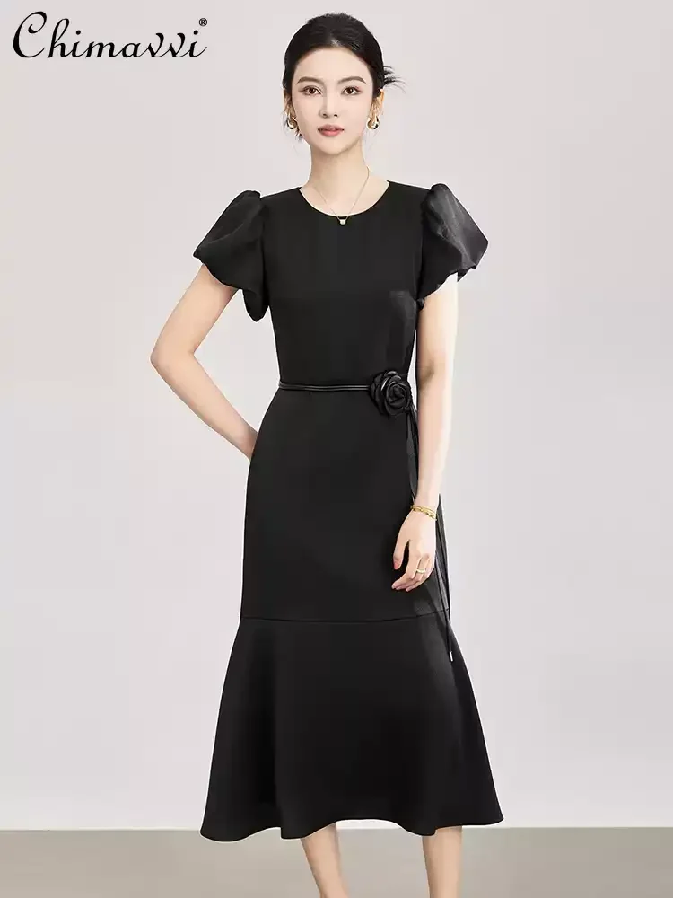 French Elegant Temperament Crew Neck Puff Short Sleeve High Waist 3D Flower Black Fishtail Long Evening Dress Women Summer 2026
French Elegant Temperament Crew Neck Puff Short Sleeve High Waist 3D Flower Black Fishtail Long Evening Dress Women Summer 2026