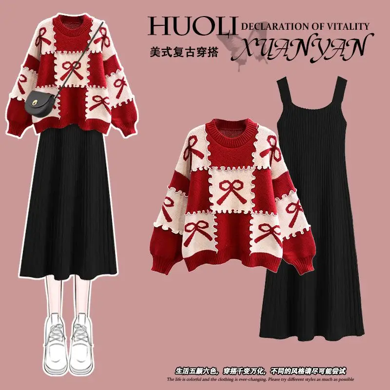 Autumn Winter New Matching Red Knitted Sweater Printing with Knit Sling Dress Two-Piece Set Clothes Suit
Autumn Winter New Matching Red Knitted Sweater Printing with Knit Sling Dress Two-Piece Set Clothes Suit