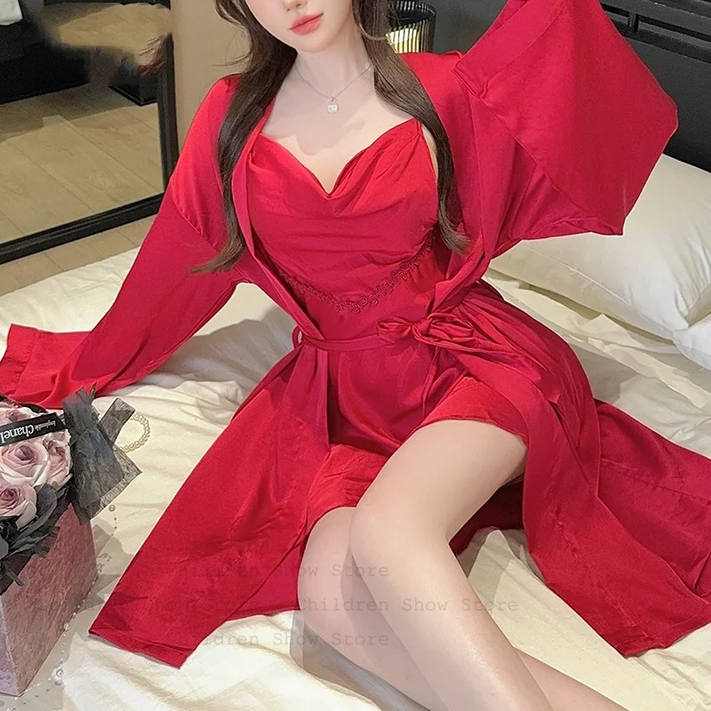 Burgundy Bride Wedding Dress Robe Set Women Satin Sleepwear Casual Home Dressing Gown Sexy Swing Collar Chemise Nightgown
Burgundy Bride Wedding Dress Robe Set Women Satin Sleepwear Casual Home Dressing Gown Sexy Swing Collar Chemise Nightgown