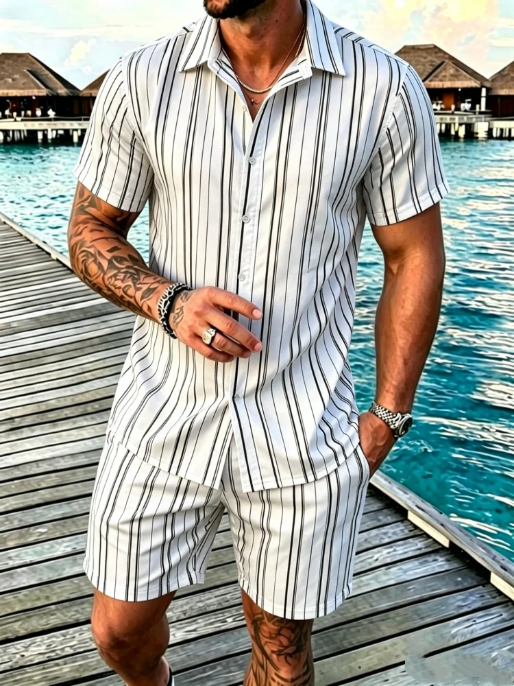 Men's Short Sleeve Lapel Shirt & Shorts Set, Loose Comfort Striped Print Casual Summer Outfit
Men's Short Sleeve Lapel Shirt & Shorts Set, Loose Comfort Striped Print Casual Summer Outfit