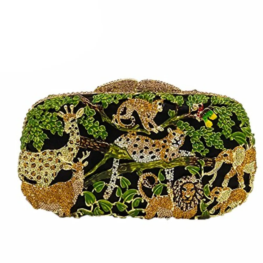 Formal evening clutch purse for women: forest jungle animal world theme, crystal rhinestone embellished, metallic gold finish,
Formal evening clutch purse for women: forest jungle animal world theme, crystal rhinestone embellished, metallic gold finish,