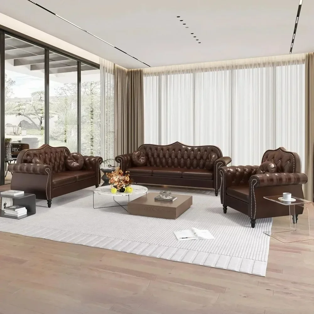 Mid-Century Upholstered PU Sofa Couch, 3-Piece Living Room Sectional Sofa Set, Classic Tufted Button Sofa with Nail head Trim
Mid-Century Upholstered PU Sofa Couch, 3-Piece Living Room Sectional Sofa Set, Classic Tufted Button Sofa with Nail head Trim