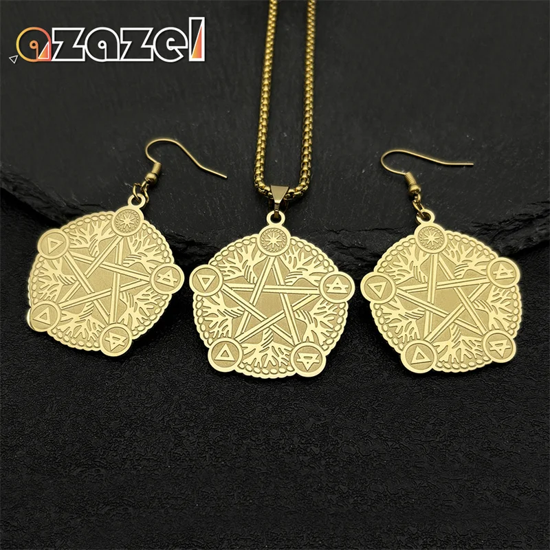 Wicca Tree of Life Geometric Pentagram Pendant Necklace Earrings Set Women Men Stainless Steel Gold Color Nordic Party Jewelry
Wicca Tree of Life Geometric Pentagram Pendant Necklace Earrings Set Women Men Stainless Steel Gold Color Nordic Party Jewelry