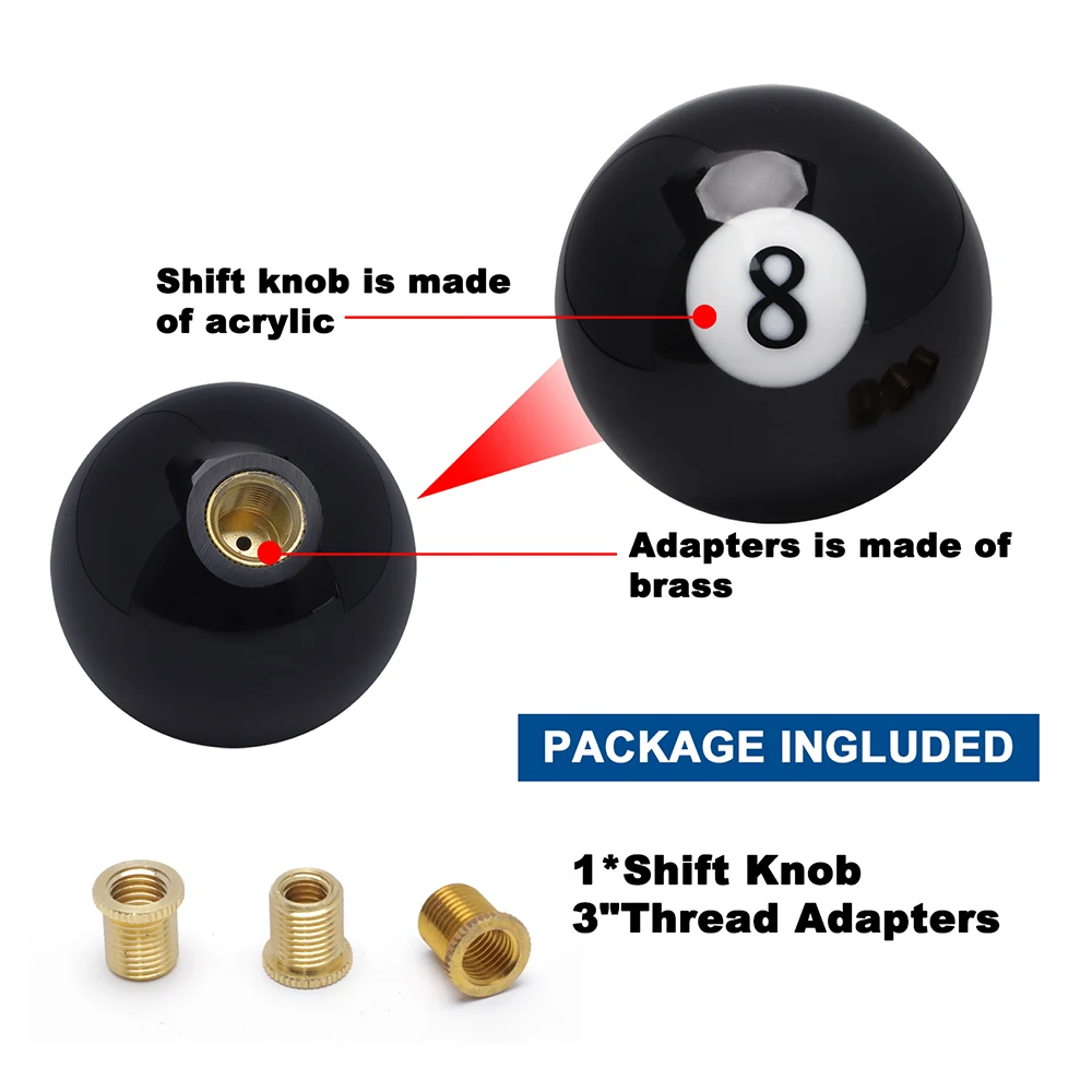 Universal Round Shifter Knob Black 8 Ball Racing Acrylic Speed Gear Shifter with 3 Adapters Fit for Manual Vehicles
Universal Round Shifter Knob Black 8 Ball Racing Acrylic Speed Gear Shifter with 3 Adapters Fit for Manual Vehicles