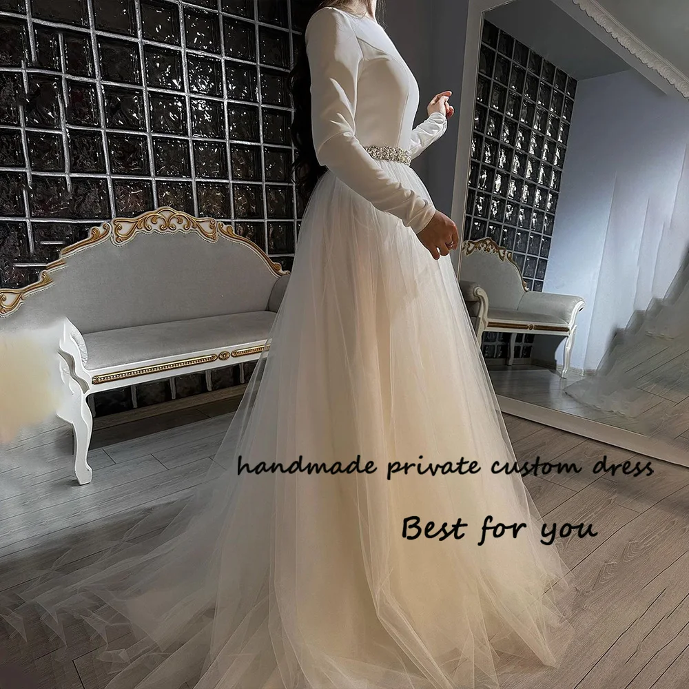 Arabian Dubai Wedding Party Dresses for Women Long Sleeve O Neck Tulle Satin A Line Formal Prom Dress with Train Evening Gowns
Arabian Dubai Wedding Party Dresses for Women Long Sleeve O Neck Tulle Satin A Line Formal Prom Dress with Train Evening Gowns