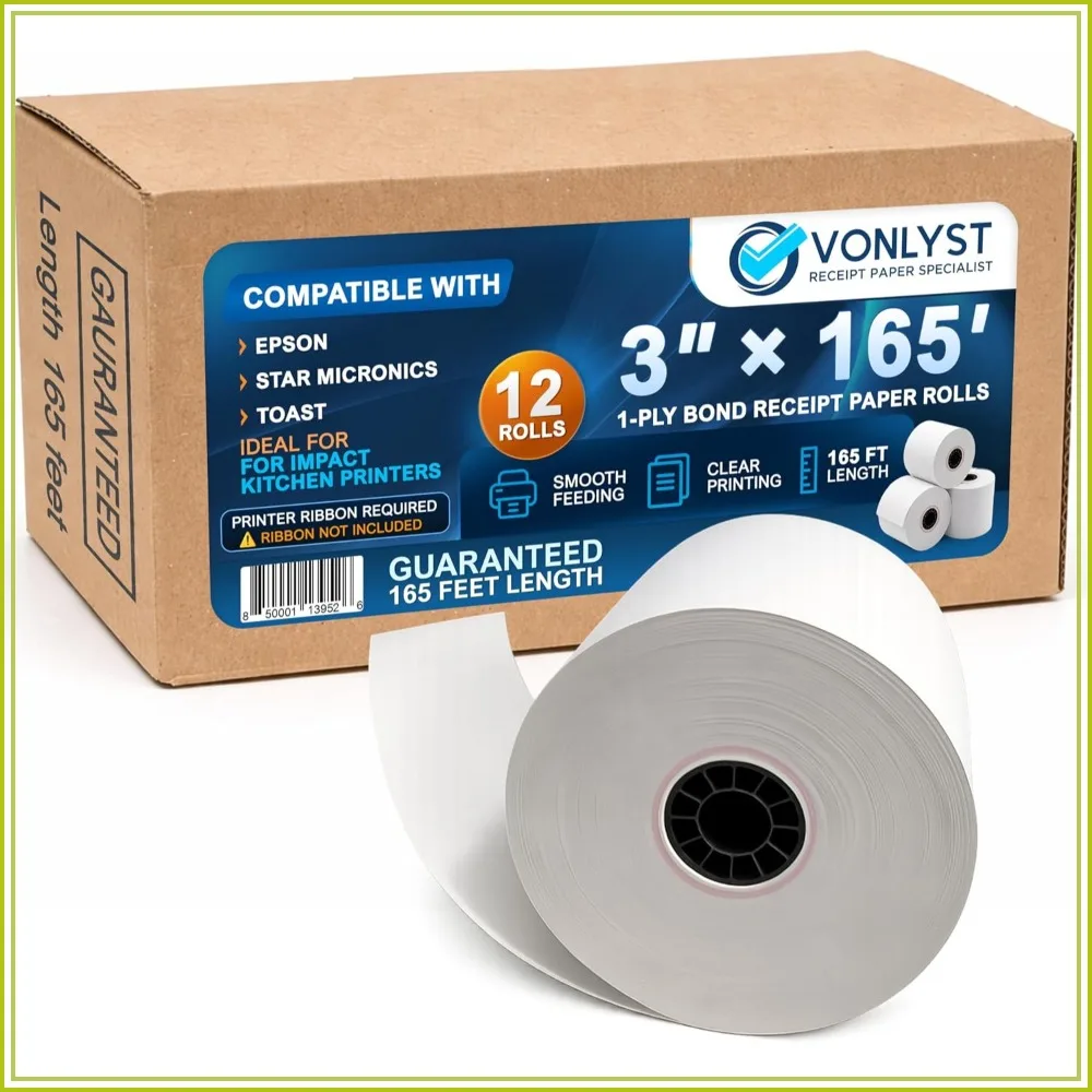 3" x 165' Bond Receipt Paper Rolls (12 Pack) – 1-Ply White POS Kitchen Printer Paper for Impact Printers – Compatible with Epson TM-U200, Star SP700, Bixolon SRP275, Toast TKP300
3" x 165' Bond Receipt Paper Rolls (12 Pack) – 1-Ply White POS Kitchen Printer Paper for Impact Printers – Compatible with Epson TM-U200, Star SP700, Bixolon SRP275, Toast TKP300