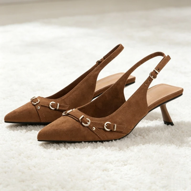 Retro Brown Suede Pointed Toe Backless Women Pumps Mules Shoes Back Buckle Strap Design Summer High-heeled Sandals for Ladies
Retro Brown Suede Pointed Toe Backless Women Pumps Mules Shoes Back Buckle Strap Design Summer High-heeled Sandals for Ladies