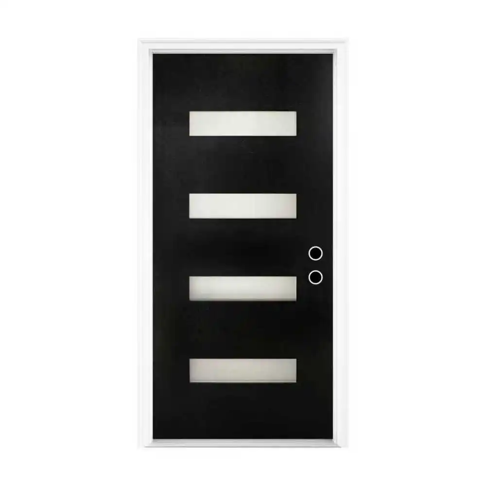36x80 Knock-Down Fiberglass Door: Brickmould, Frosted Glass, Black Finish, Left Inswing,4-9/16 White Vinyl Frame
36x80 Knock-Down Fiberglass Door: Brickmould, Frosted Glass, Black Finish, Left Inswing,4-9/16 White Vinyl Frame