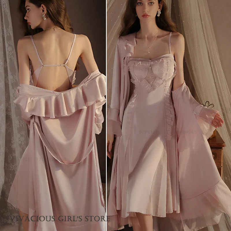 Female Long Twinset Robe Set Intimate Lingerie Sexy Lace Spaghetti Strap Nightgown Sleepwear Spring Summer New Satin Home Wear
Female Long Twinset Robe Set Intimate Lingerie Sexy Lace Spaghetti Strap Nightgown Sleepwear Spring Summer New Satin Home Wear