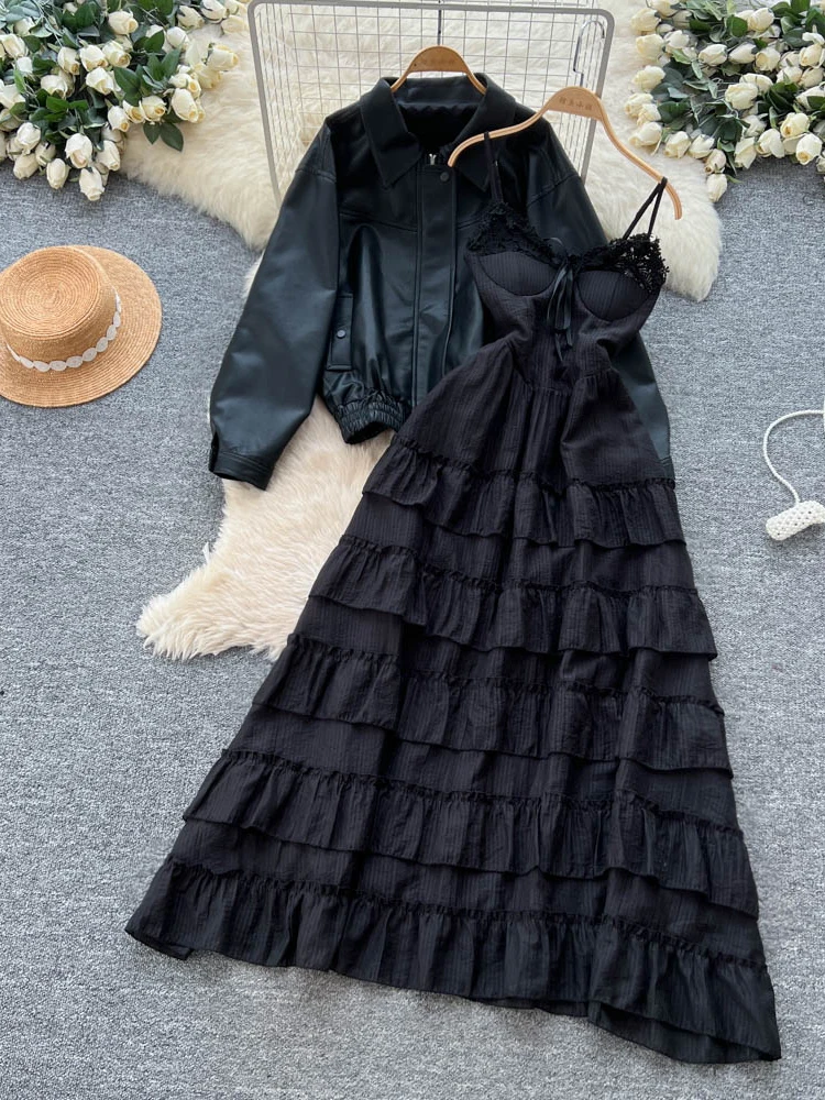 Свободная повседневная длинная кожаная юбка Sweet Cool Spicy Girl с завязками на талии и плиссированной юбкой Ele, комплект одежды
Свободная повседневная длинная кожаная юбка Sweet Cool Spicy Girl с завязками на талии и плиссированной юбкой Ele, комплект одежды