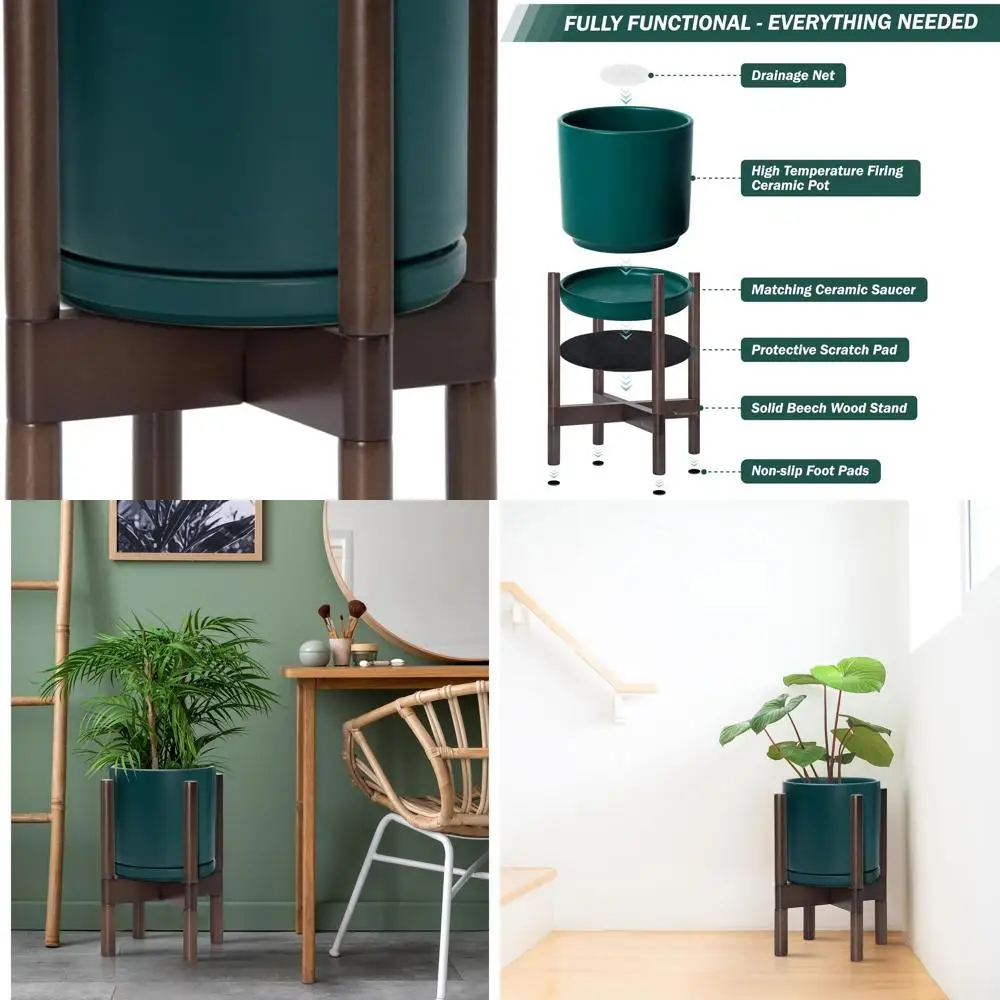 8 Modern Ceramic Planter with Walnut Stand - Round Teal Flower Pot on Wooden Holder
8 Modern Ceramic Planter with Walnut Stand - Round Teal Flower Pot on Wooden Holder