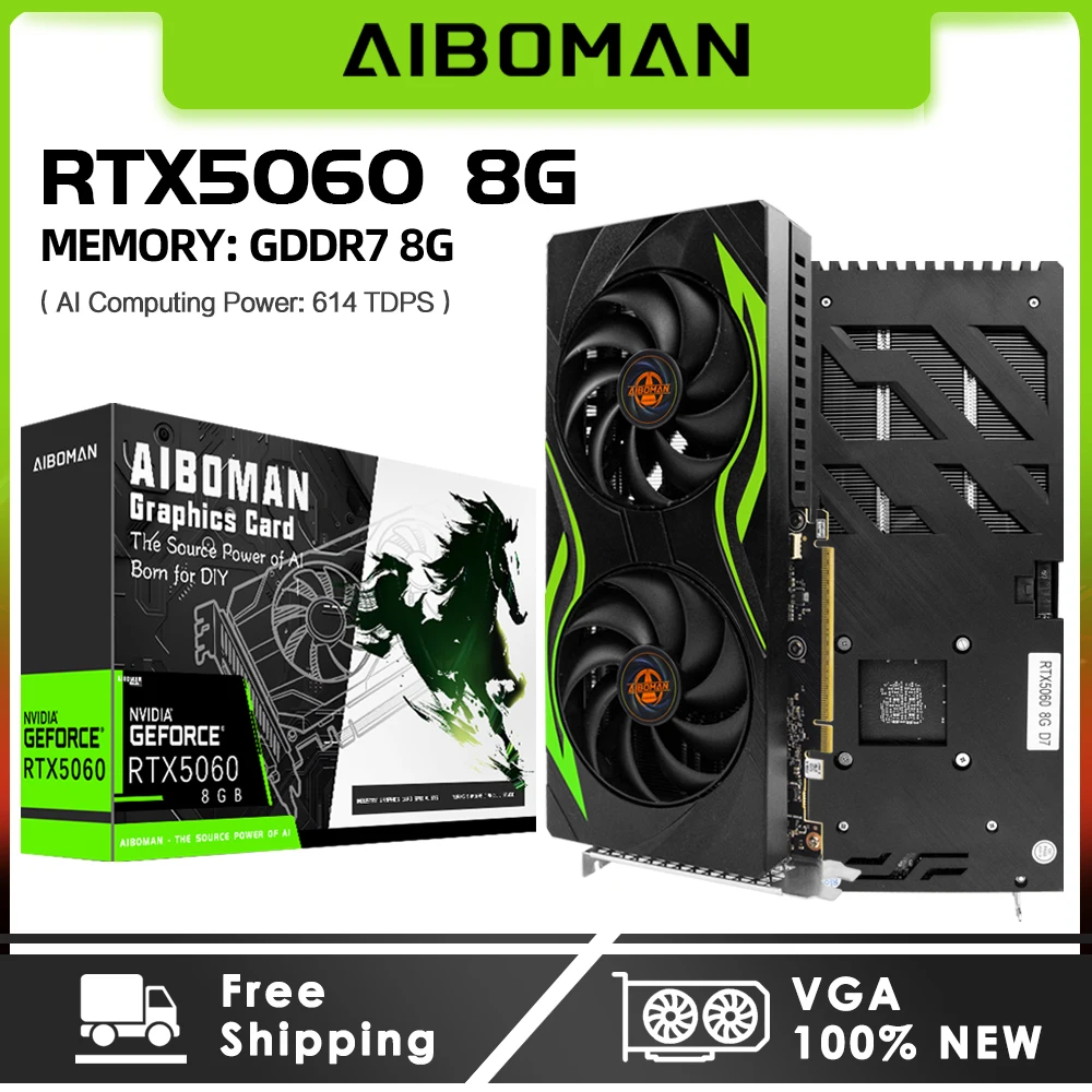 AIBOMAN GPU RTX 5060 8GB GDDR7 3840cuda HDMI+DP PCI Express X16 5.0 145W Graphics Cards
AIBOMAN GPU RTX 5060 8GB GDDR7 3840cuda HDMI+DP PCI Express X16 5.0 145W Graphics Cards