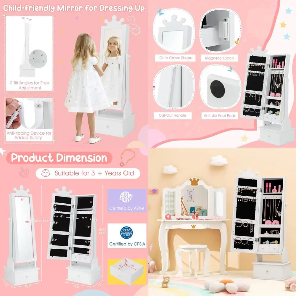 White 45 Kids Standing Jewelry Armoire with Mirror & 3 Drawers for Girls' Dress-Up
White 45 Kids Standing Jewelry Armoire with Mirror & 3 Drawers for Girls' Dress-Up