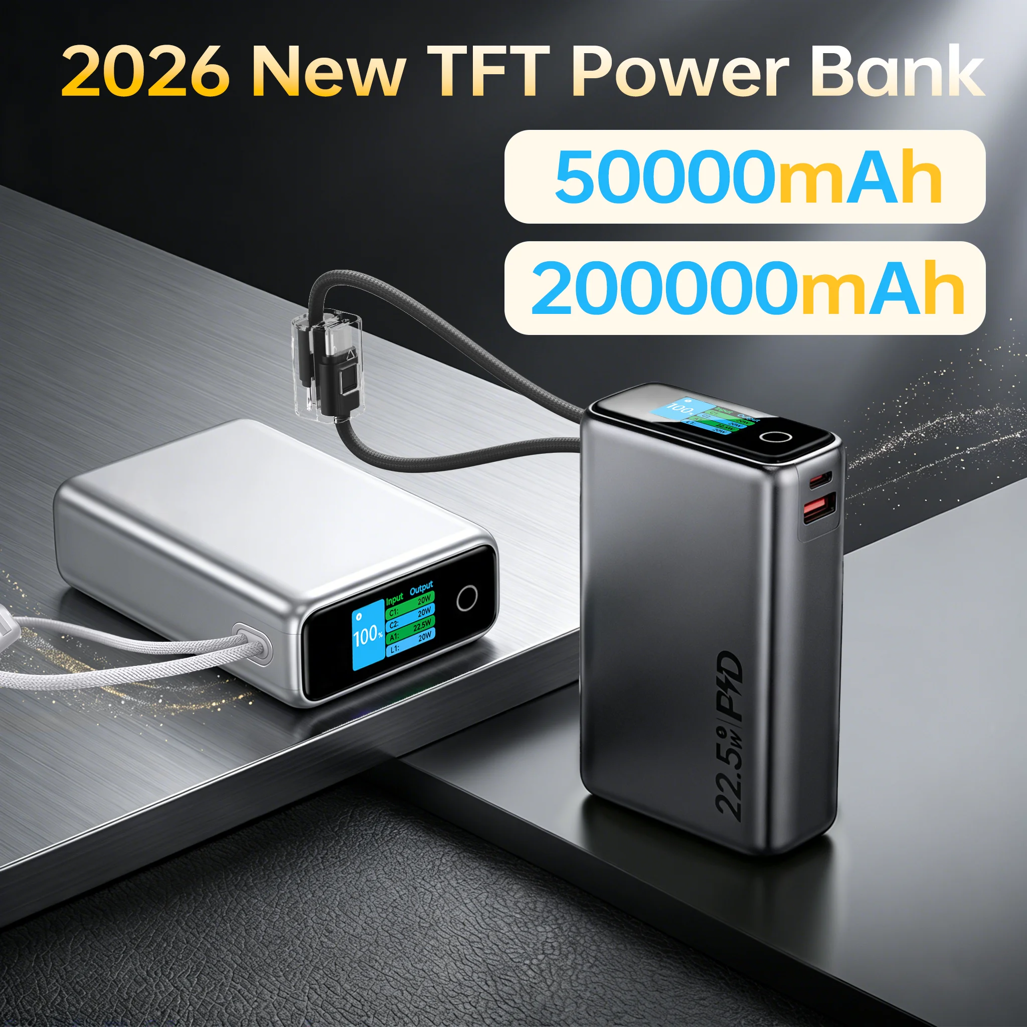 Новый внешний аккумулятор 2026 года с TFT-дисплеем, 50000 мАч, большая емкость, быстрая зарядка, портативное зарядное устройство со встроенными кабелями для iPhone и Samsung
Новый внешний аккумулятор 2026 года с TFT-дисплеем, 50000 мАч, большая емкость, быстрая зарядка, портативное зарядное устройство со встроенными кабелями для iPhone и Samsung