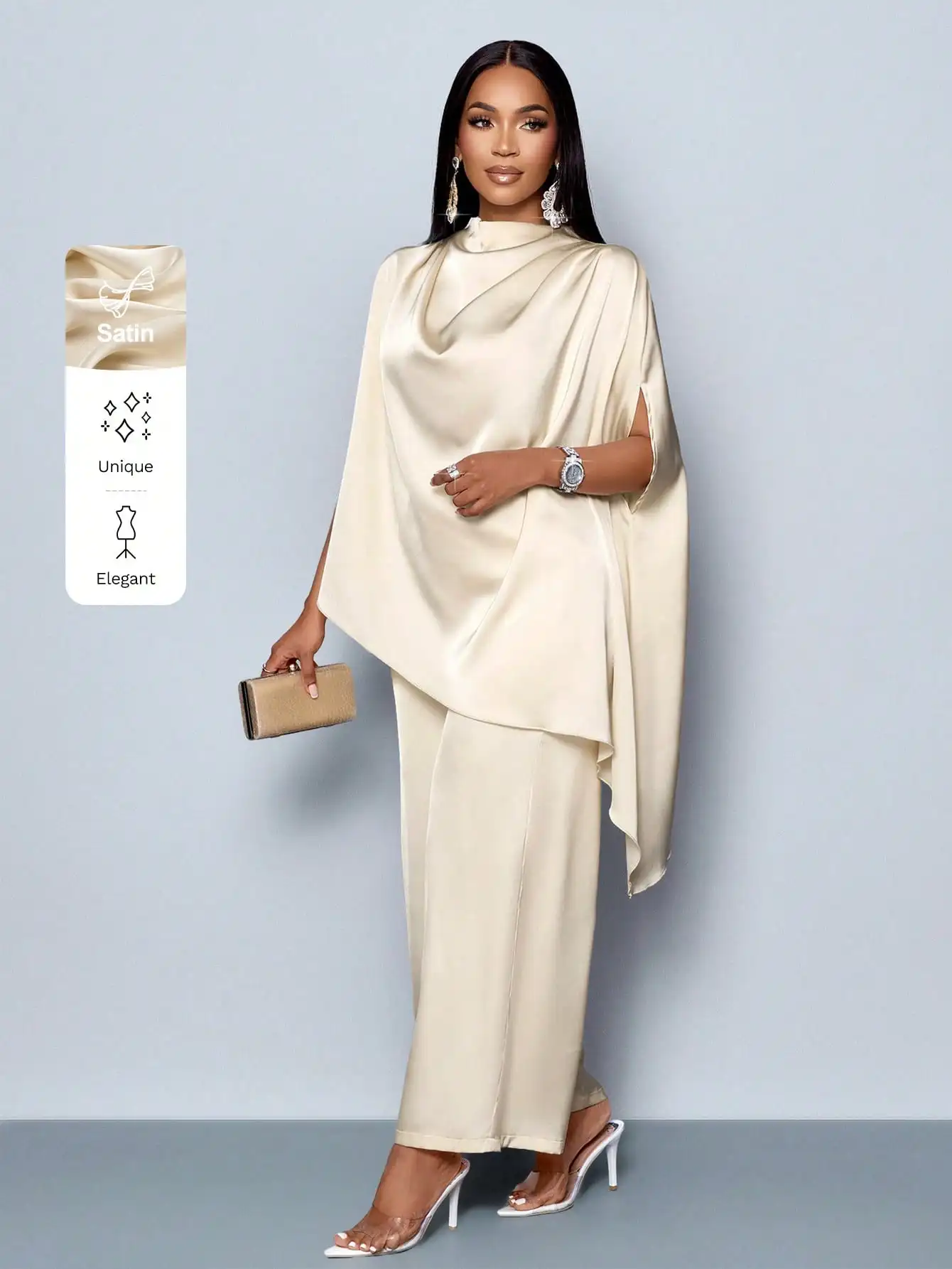 Женский комплект из асимметричной блузки с воротником-стойкой из сатина и брюк прямого кроя
Женский комплект из асимметричной блузки с воротником-стойкой из сатина и брюк прямого кроя