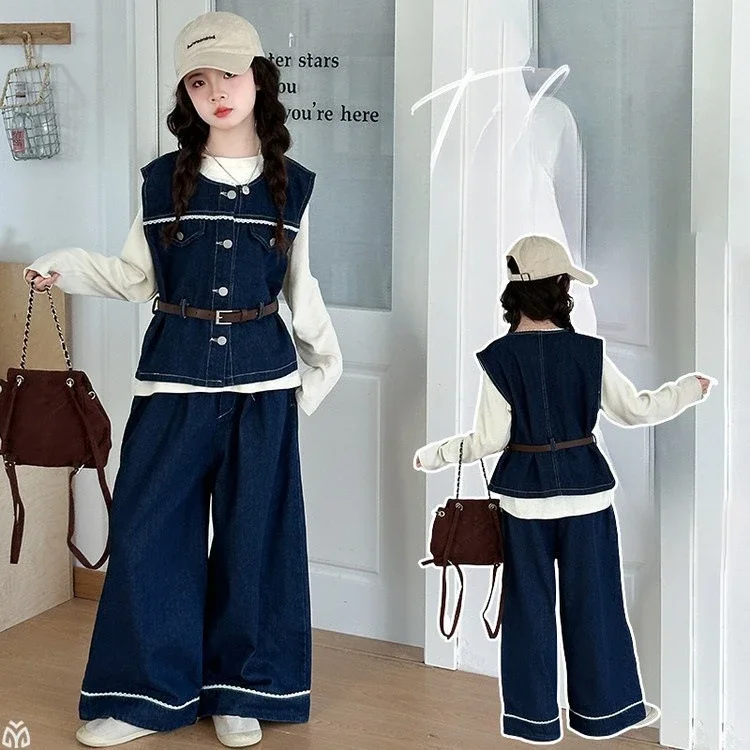 Autumn Mid University child outfits junior kid suit Cowboy Vest+belt+white tops+jeans 4pc Korean Ins Style teen girl clothes Set
Autumn Mid University child outfits junior kid suit Cowboy Vest+belt+white tops+jeans 4pc Korean Ins Style teen girl clothes Set