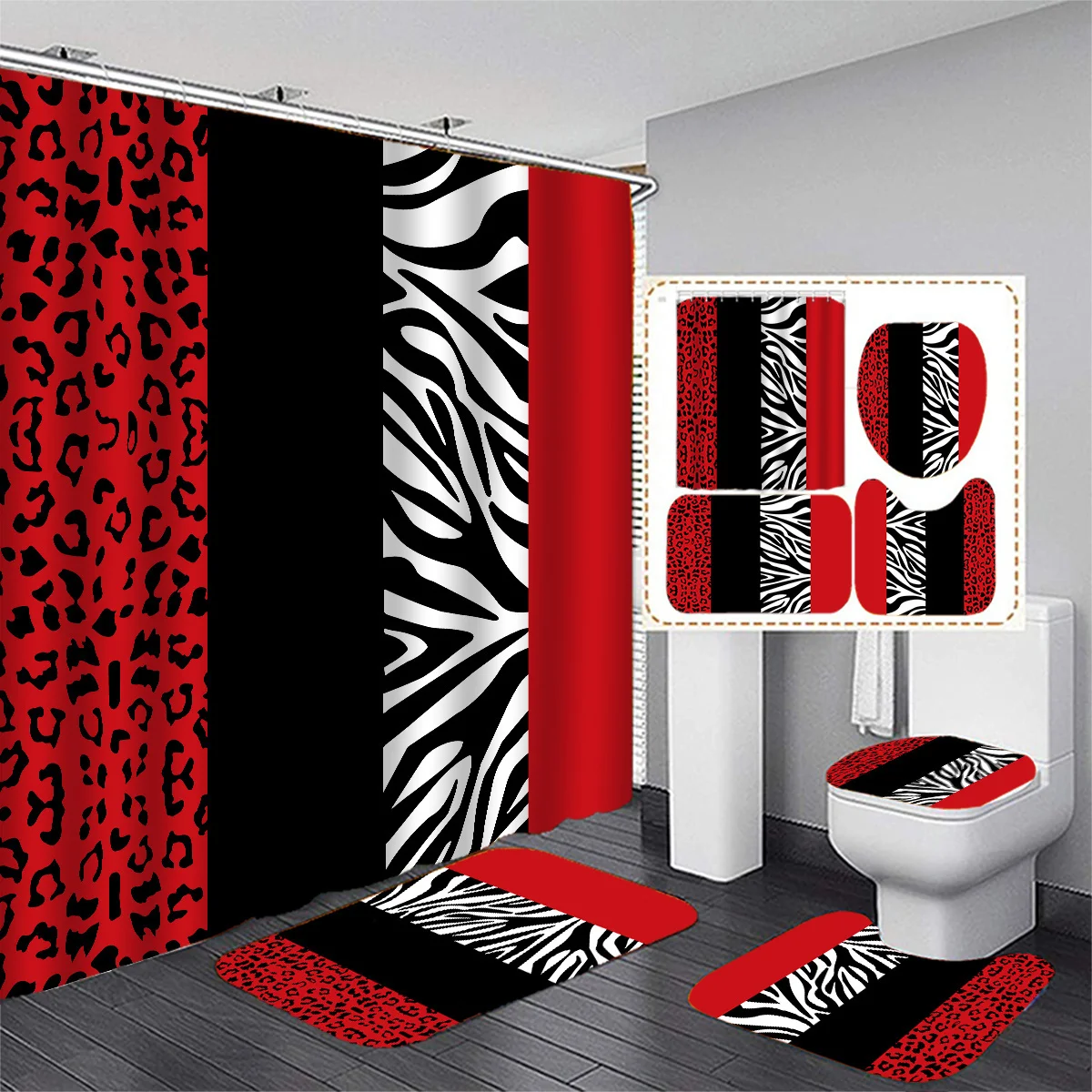 4pcs Zebra Striped Leopard Pattern Shower Curtain Set, Waterproof Shower Curtain With 12 Hooks, Non-Slip Bathroom Rug, Toilet U-
4pcs Zebra Striped Leopard Pattern Shower Curtain Set, Waterproof Shower Curtain With 12 Hooks, Non-Slip Bathroom Rug, Toilet U-